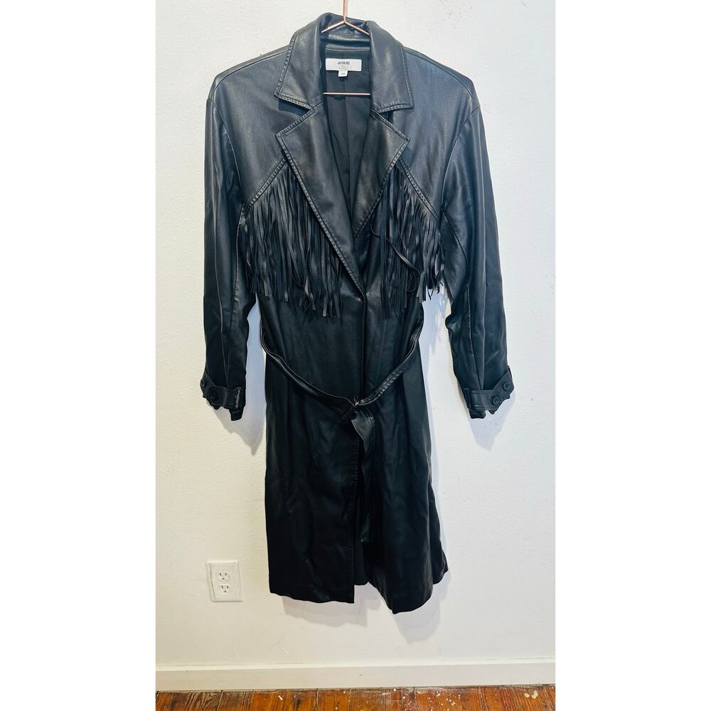 JASON WU Black Faux Leather Long Fringe Trench Style Tie Waist Jacket size XS - Picture 2 of 16